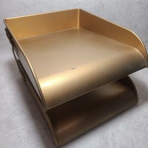 Vintage Gold Globe-Wernicke 2-Tier Paper Tray Desk Organizer Metal Filing In/Out
